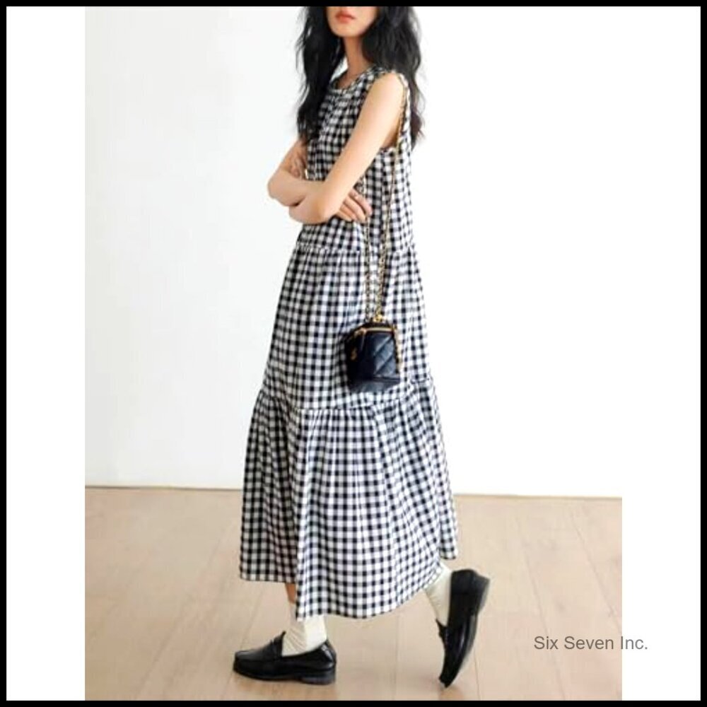 Summer Tiered Tank Dress Cotton Linen Sleeveless Beach Plaid Sun Dress - Picture 5 of 7